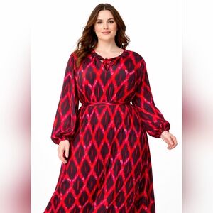 Scoop Plus Size 16/18 Red Black Ikat Midi Dress Belted Boho Long Sleeve